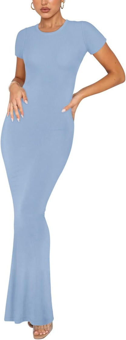 Elegant Short Sleeve Crew Neck Bodycon Maxi Dress