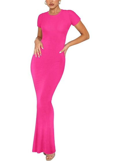 Elegant Short Sleeve Crew Neck Bodycon Maxi Dress