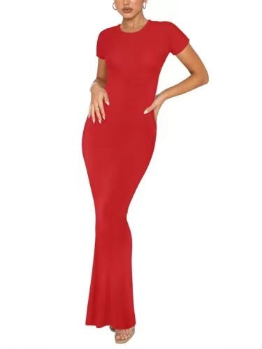 Elegant Short Sleeve Crew Neck Bodycon Maxi Dress