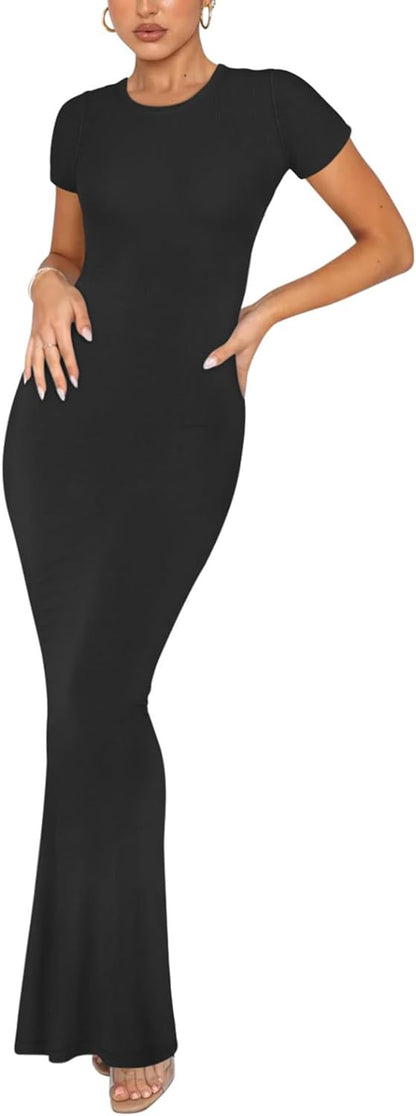 Elegant Short Sleeve Crew Neck Bodycon Maxi Dress