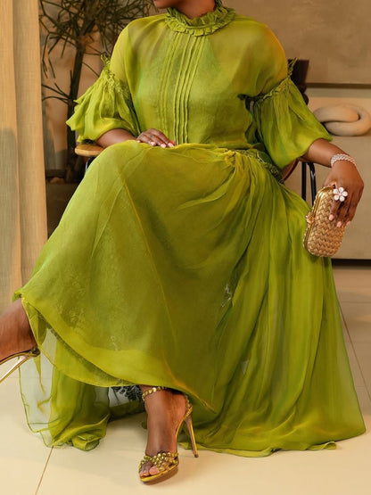 Green Ruffled 3/4 Sleeves Elegant Maxi Dress