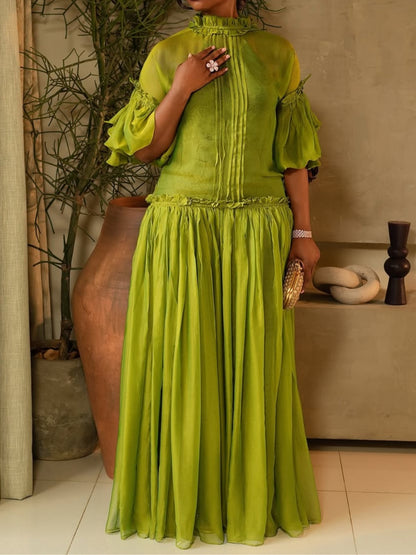 Green Ruffled 3/4 Sleeves Elegant Maxi Dress