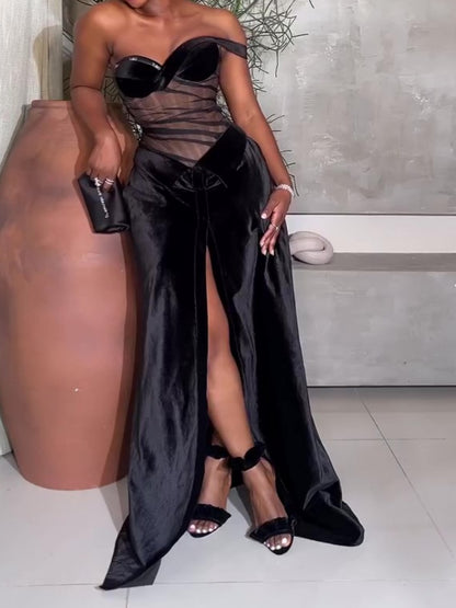 One Shoulder Fishbone Mesh Split Evening Dress