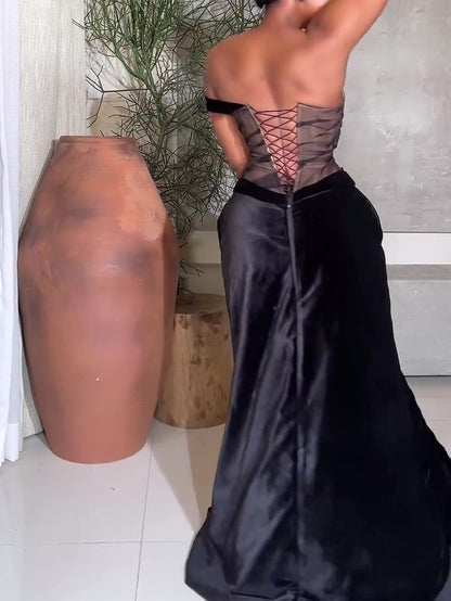 One Shoulder Fishbone Mesh Split Evening Dress