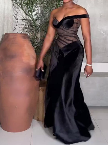 One Shoulder Fishbone Mesh Split Evening Dress