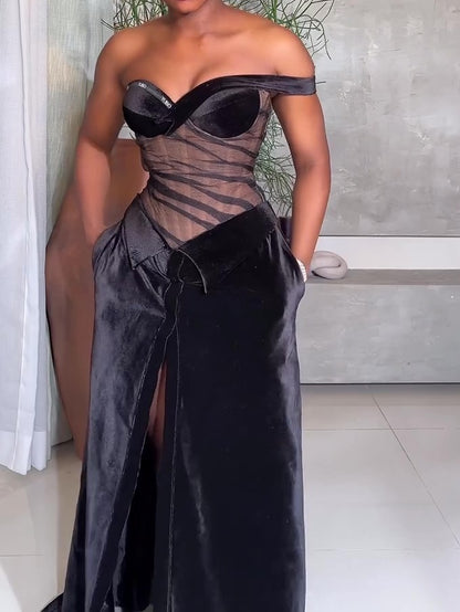 One Shoulder Fishbone Mesh Split Evening Dress