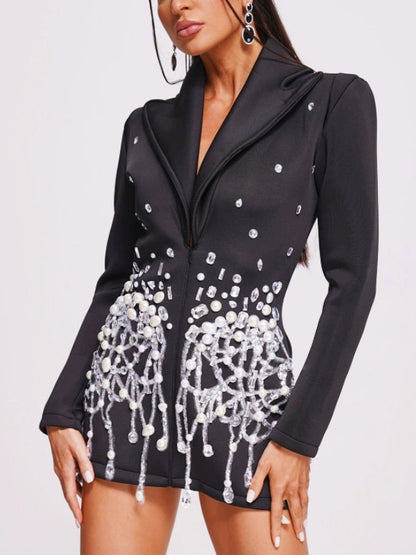Lapel Rhinestone Embellished Blazer Dress