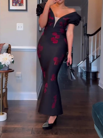 V-Neck Floral Backless Maxi Dress