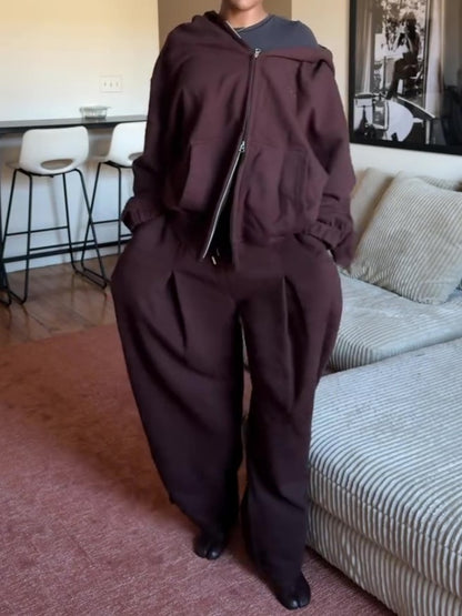Casual Hooded Sweatshirt Wide Leg Pants Set