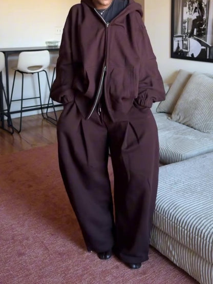 Casual Hooded Sweatshirt Wide Leg Pants Set