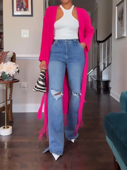 Fringed Hem Knitted Cardigan