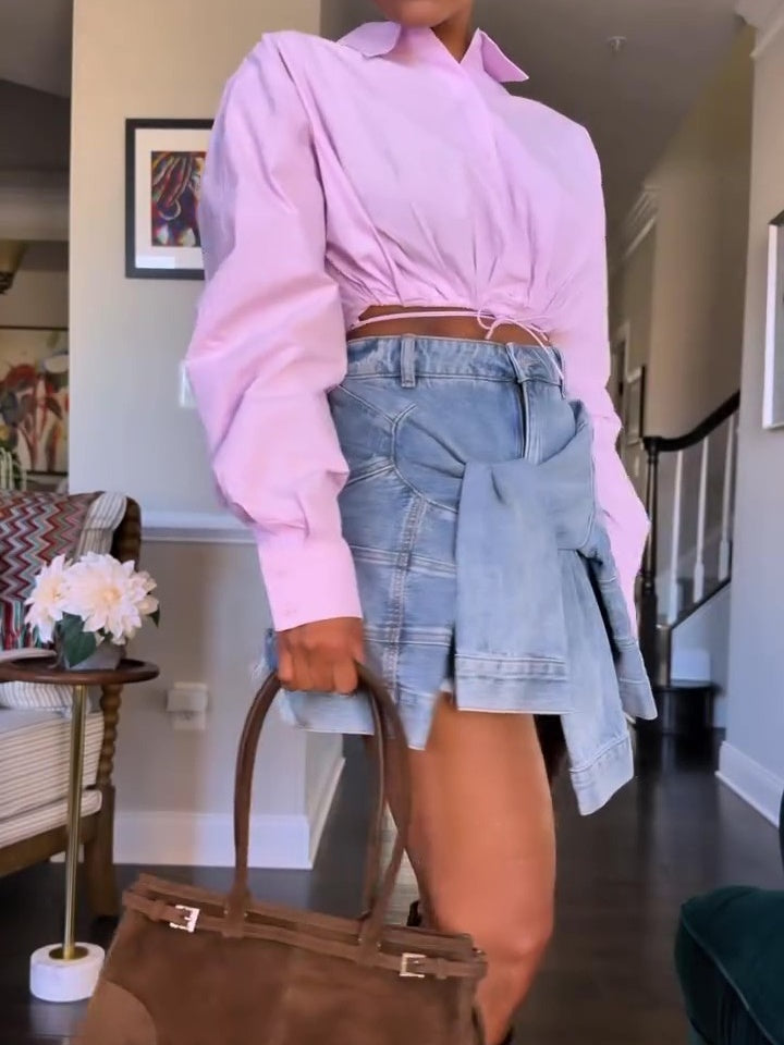 Pink Lace-Up Cropped Shirt