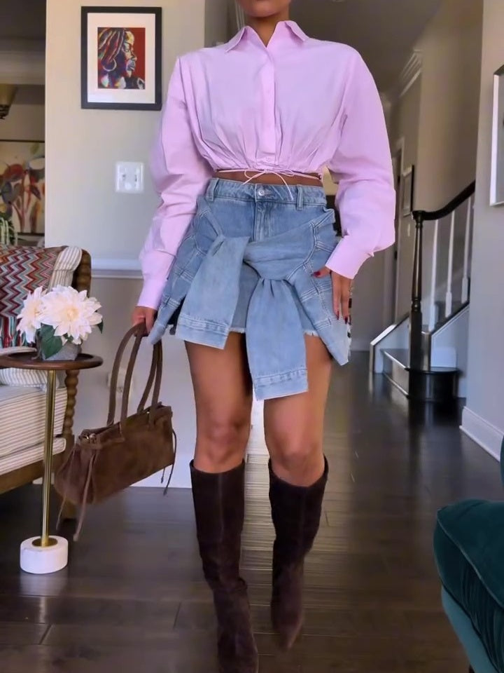 Pink Lace-Up Cropped Shirt