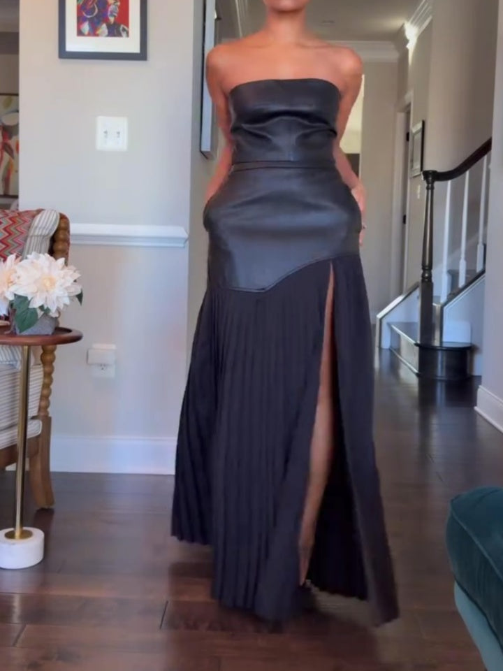 Faux Leather Top And Pleated Slit Skirt Set