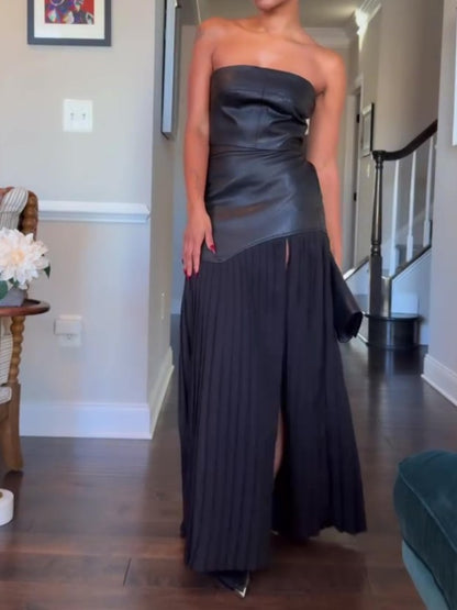 Faux Leather Top And Pleated Slit Skirt Set