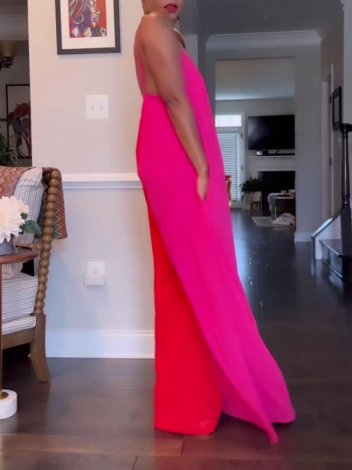 Pink And Red Colorblock Suspender Jumpsuit