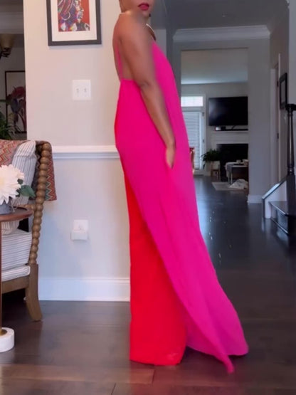 Pink And Red Colorblock Suspender Jumpsuit