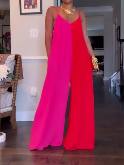 Pink And Red Colorblock Suspender Jumpsuit