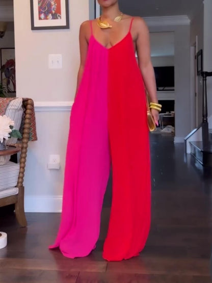 Pink And Red Colorblock Suspender Jumpsuit