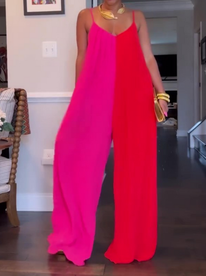 Pink And Red Colorblock Suspender Jumpsuit