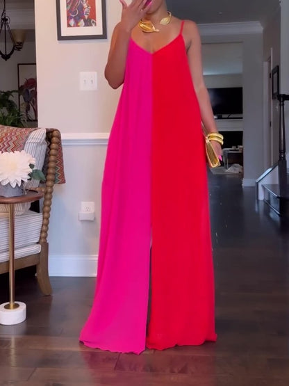 Pink And Red Colorblock Suspender Jumpsuit