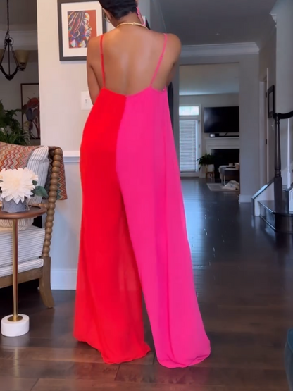 Pink And Red Colorblock Suspender Jumpsuit