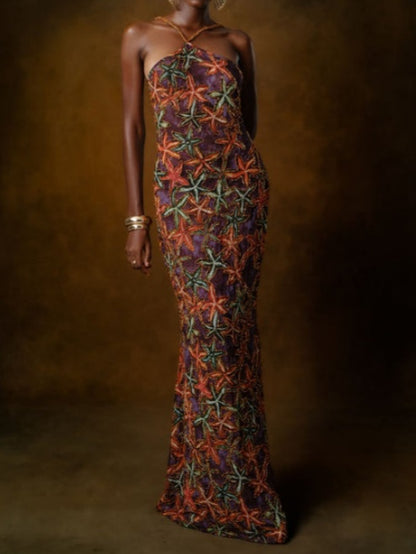 Geometric Print Halter Neck Maxi Dress