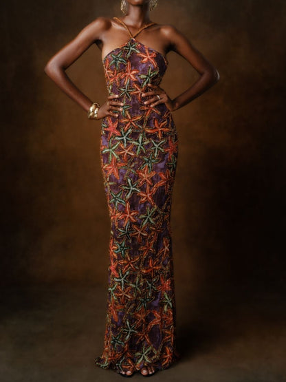 Geometric Print Halter Neck Maxi Dress