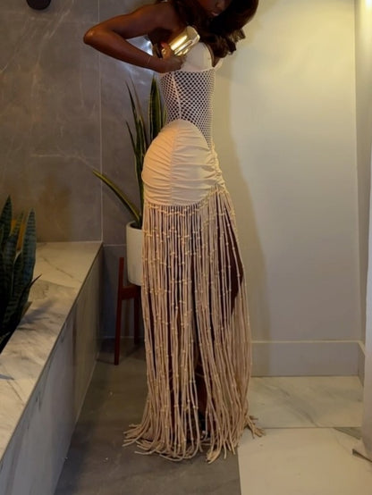 Mesh Waist-baring Pleated Hip-hugging Fringe Dress