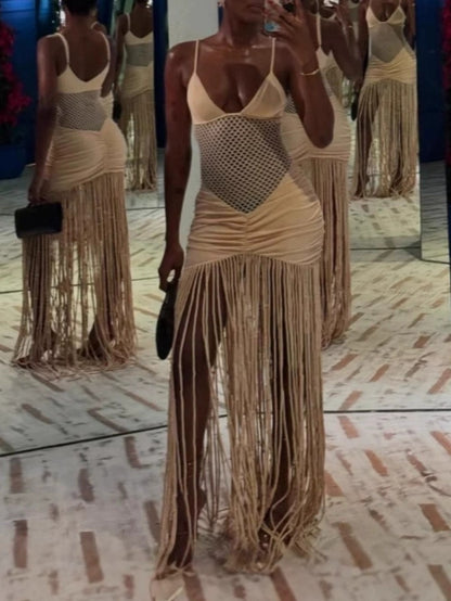 Mesh Waist-baring Pleated Hip-hugging Fringe Dress