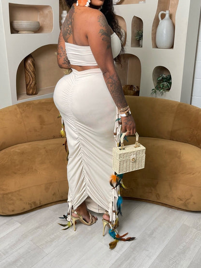 Bustier Top Fringed Edge Wrap Hip Skirt Two Piece Set