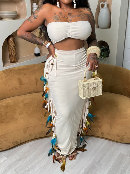 Bustier Top Fringed Edge Wrap Hip Skirt Two Piece Set