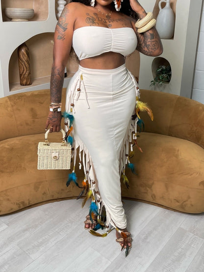 Bustier Top Fringed Edge Wrap Hip Skirt Two Piece Set