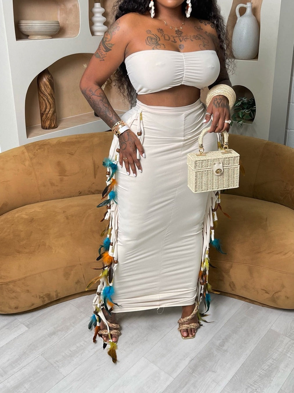 Bustier Top Fringed Edge Wrap Hip Skirt Two Piece Set