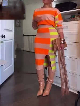 Long Sleeve Striped Split Skirt Set