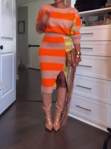 Long Sleeve Striped Split Skirt Set