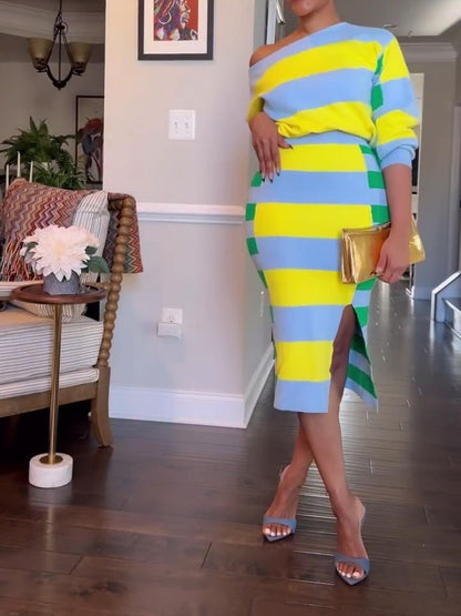 Long Sleeve Striped Split Skirt Set