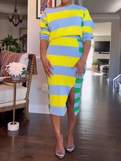 Long Sleeve Striped Split Skirt Set