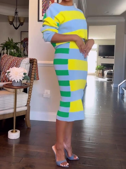 Long Sleeve Striped Split Skirt Set