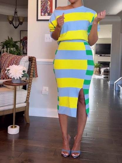 Long Sleeve Striped Split Skirt Set