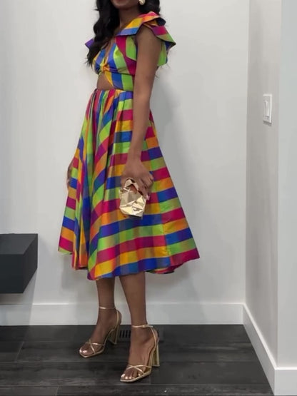 Bell Sleeves Midi Skirt With Cutout Waist