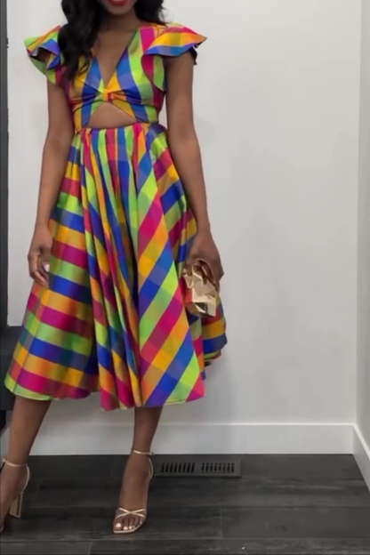 Bell Sleeves Midi Skirt With Cutout Waist