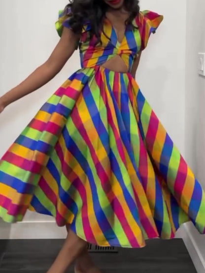 Bell Sleeves Midi Skirt With Cutout Waist