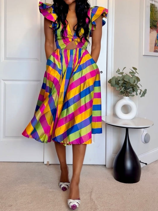 Bell Sleeves Midi Skirt With Cutout Waist