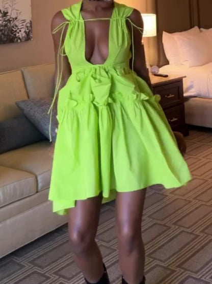 Green Sleeveless Strappy Puffy Short Dress