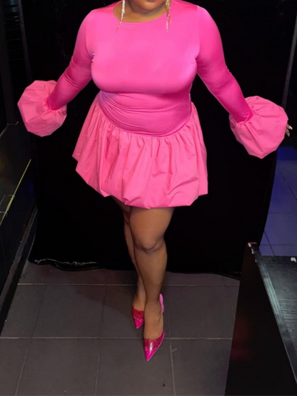 Flared Sleeve Pleated Slim Fit Short Dress