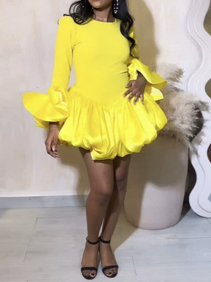 Flared Sleeve Pleated Slim Fit Short Dress