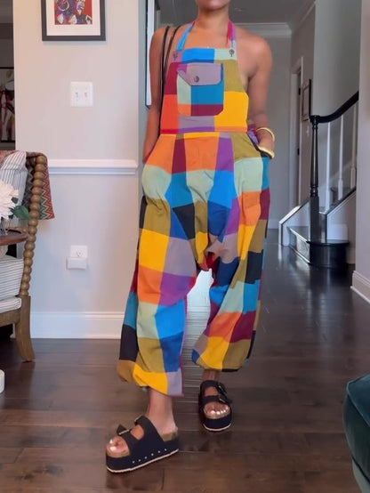 Loose Plaid Hanging Neck Jumpsuit