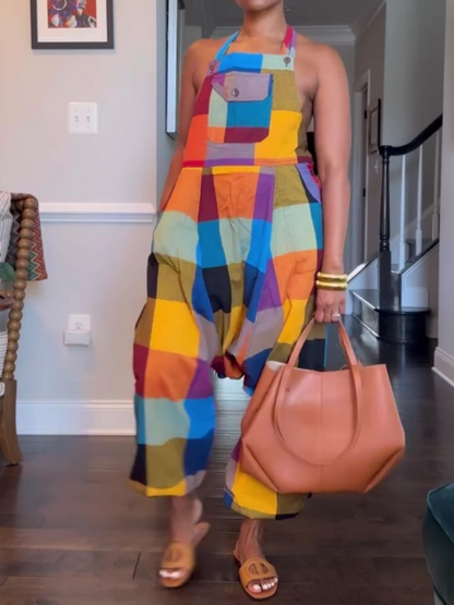 Loose Plaid Hanging Neck Jumpsuit