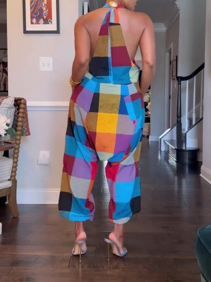 Loose Plaid Hanging Neck Jumpsuit